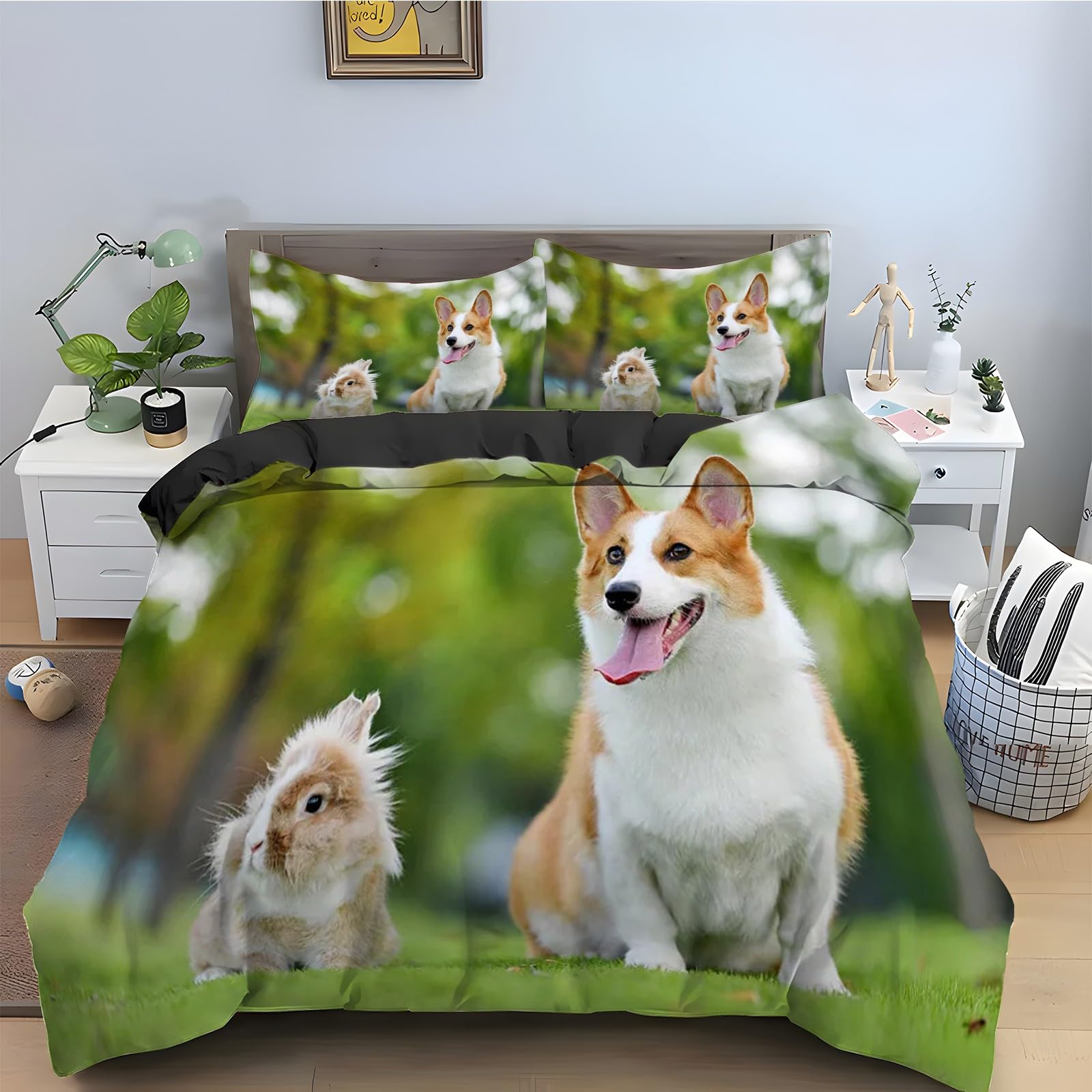 Housse de couette 240 x 260 motif Corgi avec taies d'oreiller microfibre kz2496