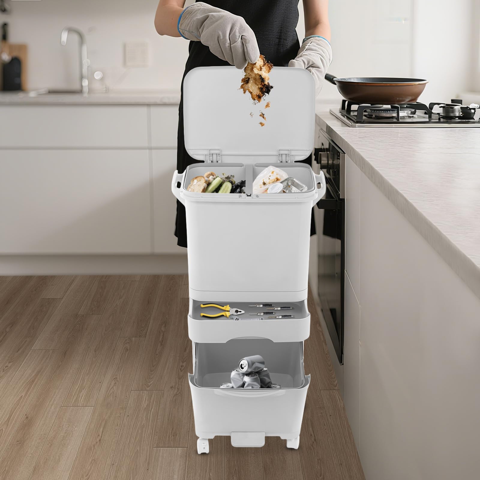Papelera de cocina 42L con 3 compartimentos, papelera de cocina, papelera de separación de residuos secos y húmedos con ruedas, papelera con pedal y tapa sobre ruedas para cocina, hogar y