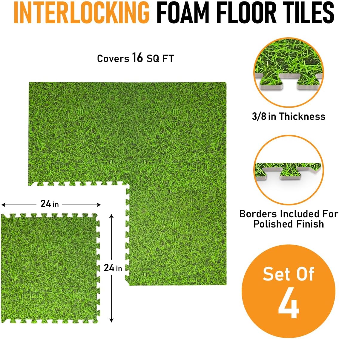 HomeCube USA 3/8 Inch Thick Interlocking Wood Grain Foam Floor Tiles for Home, Office, Workout Equipment Space, Commercial Areas, Anti-Fatigue Flooring Padding 24x24 in. Green Grass, 16 SQ Ft -4 Tiles