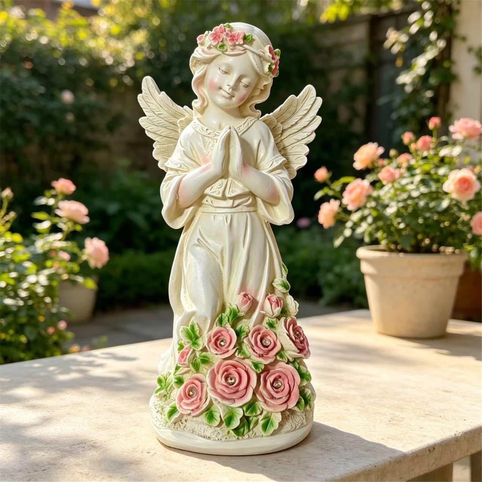 HABITZ Fata dei Fiori Notte LED Luce Resina Angelo Giardino Scultura Ornamenti Statua Decorazioni Esterni Figurine Ad Energia Solare Regali Decorazione for Patio,Balcone Tomba Accessori Esposizione