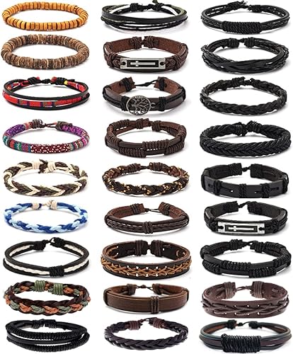 MOZAKA 27 pulseras de cuero trenzado para hombres y mujeres pulseras étnicas tribales pulseras de cuero tejidas pulseras de amistad ajustables Metal