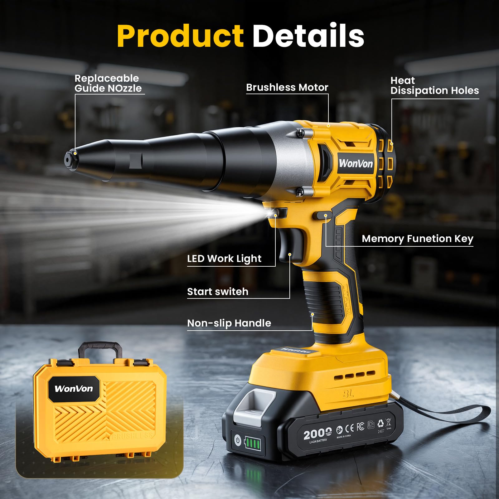 WonVon Rivettatrice elettrica senza fili, per batteria Makita da 18 V, 2200 giri/min, kit di rivetti automatici senza spazzole (1/8", 5/32", 3/16"), pistola portatile a batteria, 1 batteria