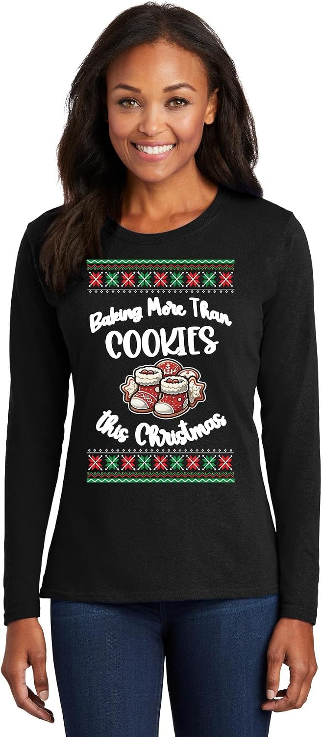 wild custom apparel Baking More Than Cookies Couples Christmas Pregnancy Announcement Baby Reveal Womens Long Sleeves