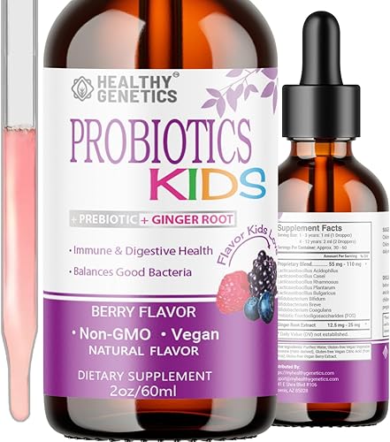 Probióticos líquidos para niños y niños pequeños | + prebiótico + raíz de jengibre | Probiótico Acidophilus | Sin lácteos | Vegano | Sin OMG | Sin