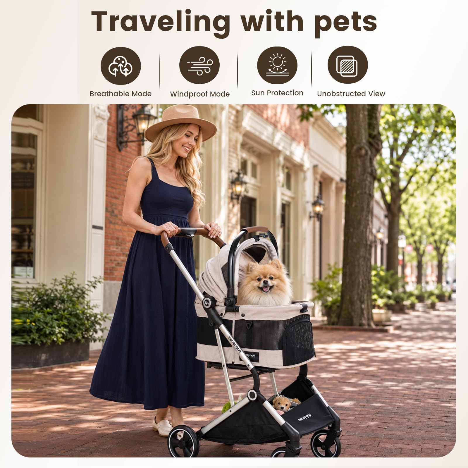 Beberoad Pets T3 PRO Haustier-Kinderwagen für kleine und mittelgroße Hunde und Katzen, 4 Räder, Reise-Klapptrage, wasserdicht, Welpenwagen mit Pad, Baldachin und Getränkehalter, Beige
