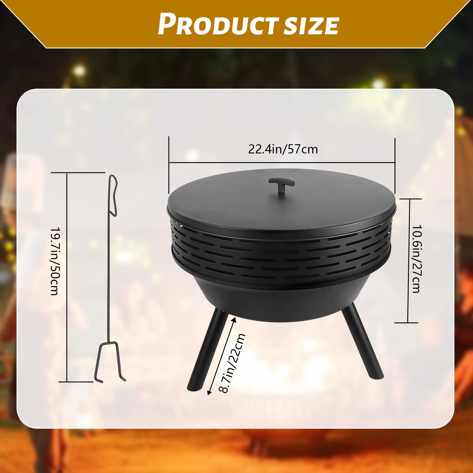 Braciere da 58,4 cm con griglia e coperchio, in ghisa resistente, braciere a legna per riunioni di falò, barbecue, tavolo, braciere per patio esterno, campeggio, cortile, picnic