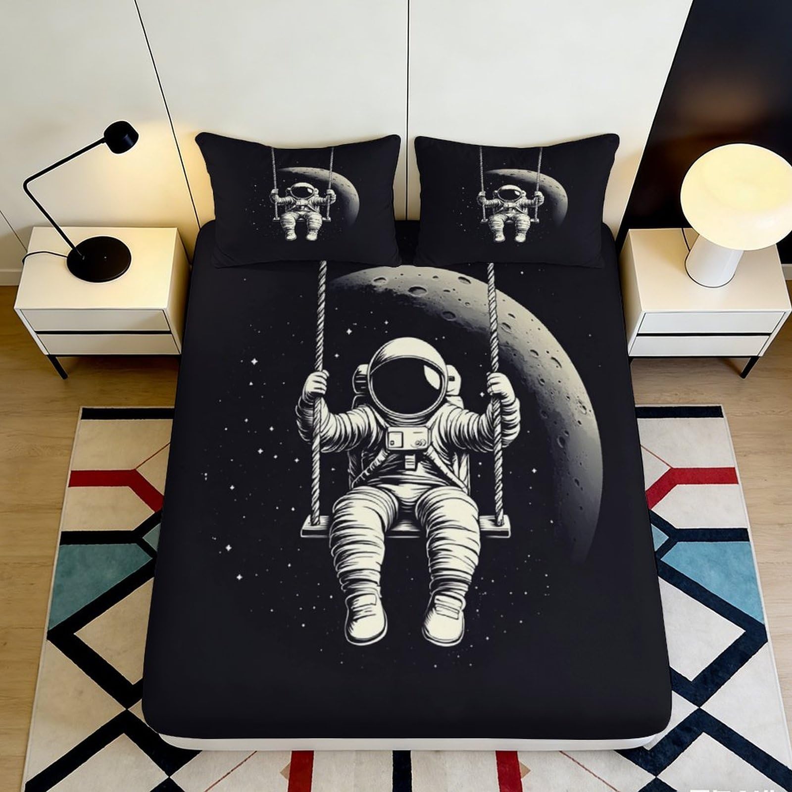 3D Printed Astronaut on Swing Fitted Sheet Microfiber Soft Breathable Space Scene Bed Cover for Bedroom Dormitory Guest Room Mattress Protection 120x200x25cm