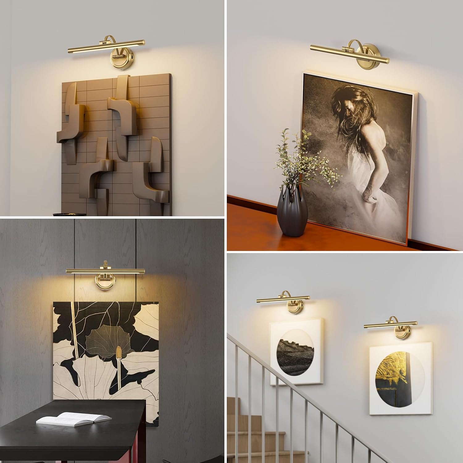 Picture Light for Wall,Battery Operated Art Lights for Painting,3 Color Selections and Brightness, Adjustable Wireless Portrait Lights with Remote for Artwork,Bookcase,Photo Frames(Brass, 15.7inch)