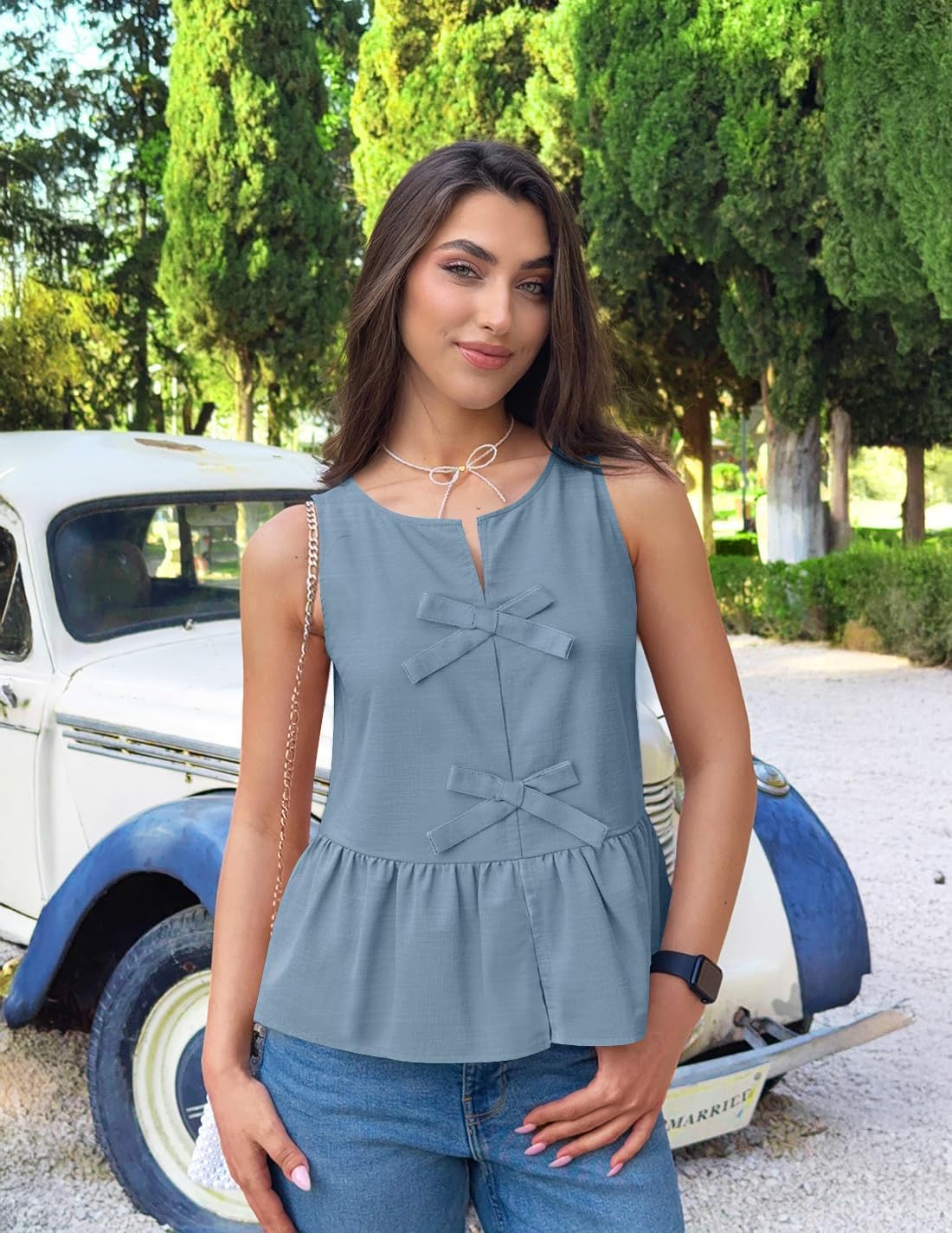 ZESICA Women's Summer Sleeveless Peplum Tank Tops 2026 Tie Front Crewneck Loose Flowy Ruffle Babydoll Going Out Shirts - Image 5
