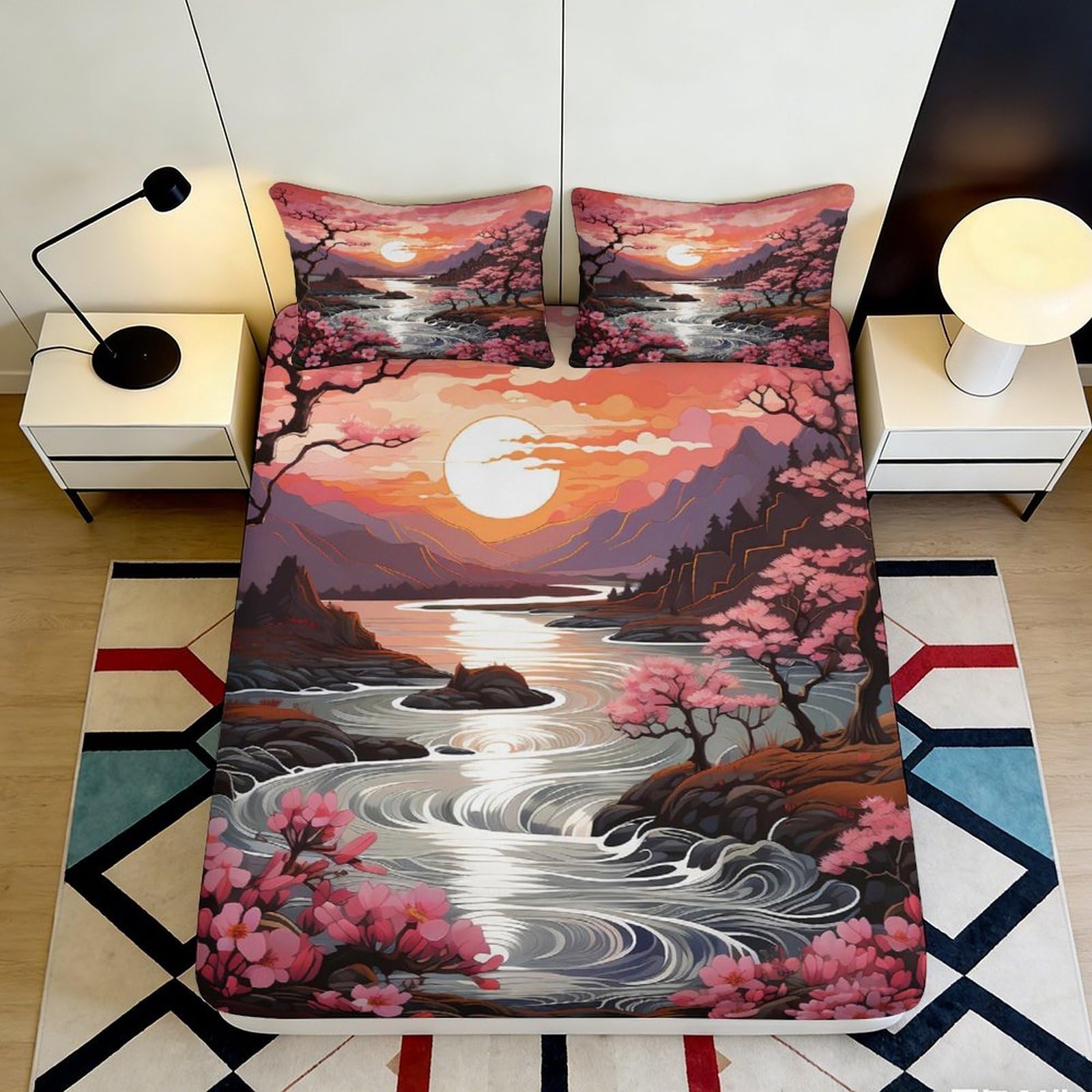 3D Printed Sunset Sakura Landscape Fitted Sheet Microfiber Soft Breathable River View Mattress Cover for Bedroom Dorm Decor 90x200x25cm