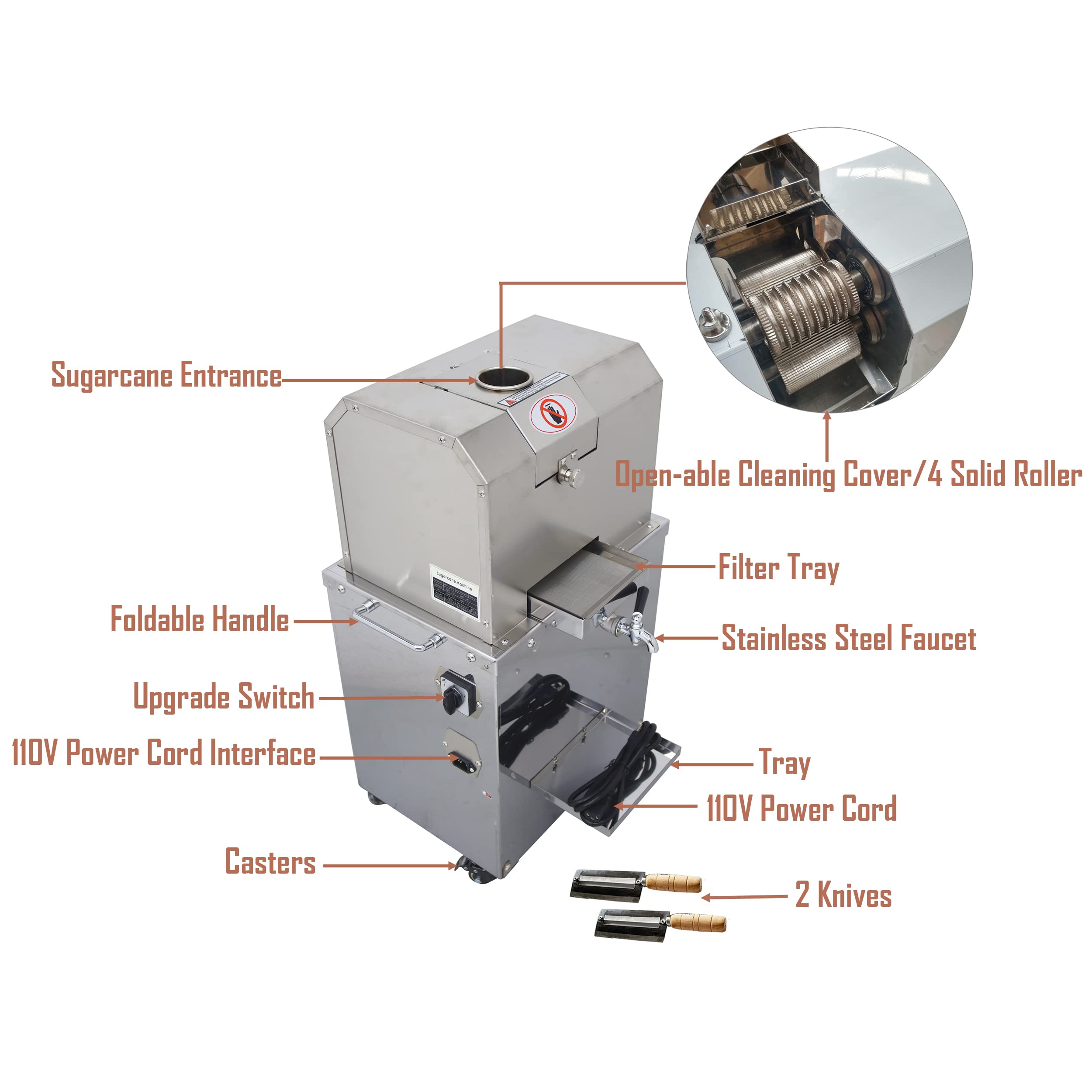 INTSUPERMAI Sugar Cane Press Juicer Machine Electric Sugar Cane Juicer Extractor Machine 110V with 4 Rollers and 4 Casters for Sugarcane Sweet Sorghum Extractor Pressing