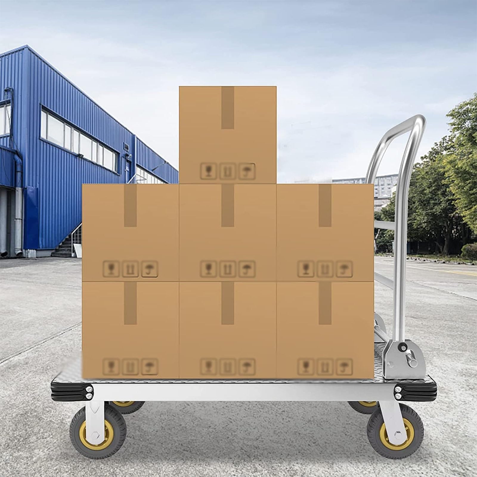 Carrello con Piattaforma Pieghevole Carrello di Spinta capacità 1100 kg Carrello di Trasporto Carrello con Ruote Carrello A Mano Mobile A Base Piatta Mobile Resistente in Acciaio(90X60cm)