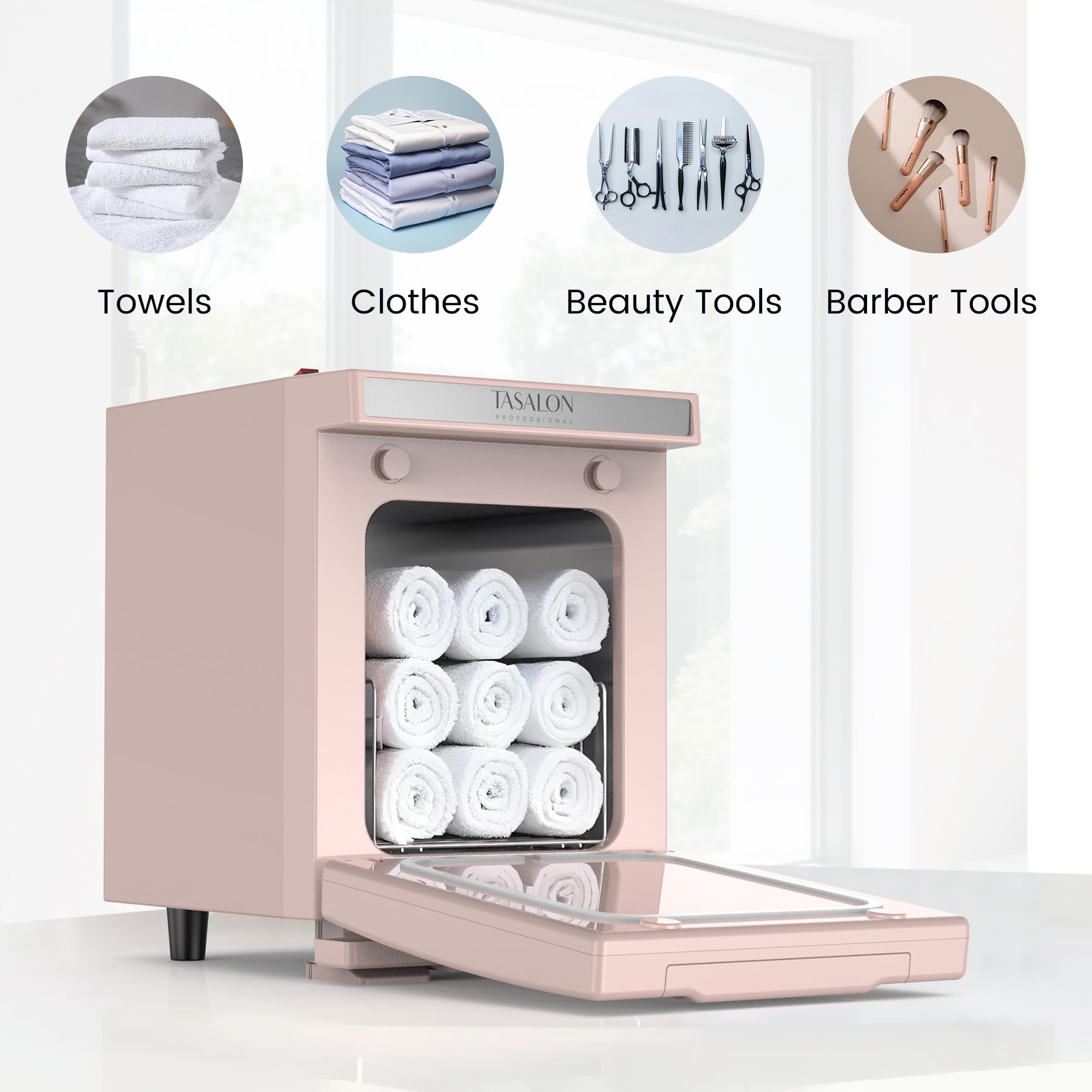 TASALON Calentador de toallas de 5 litros, cámara interior de aluminio, bandeja extraíble, calentamiento rápido para belleza, spa, salón de masaje, color rosa