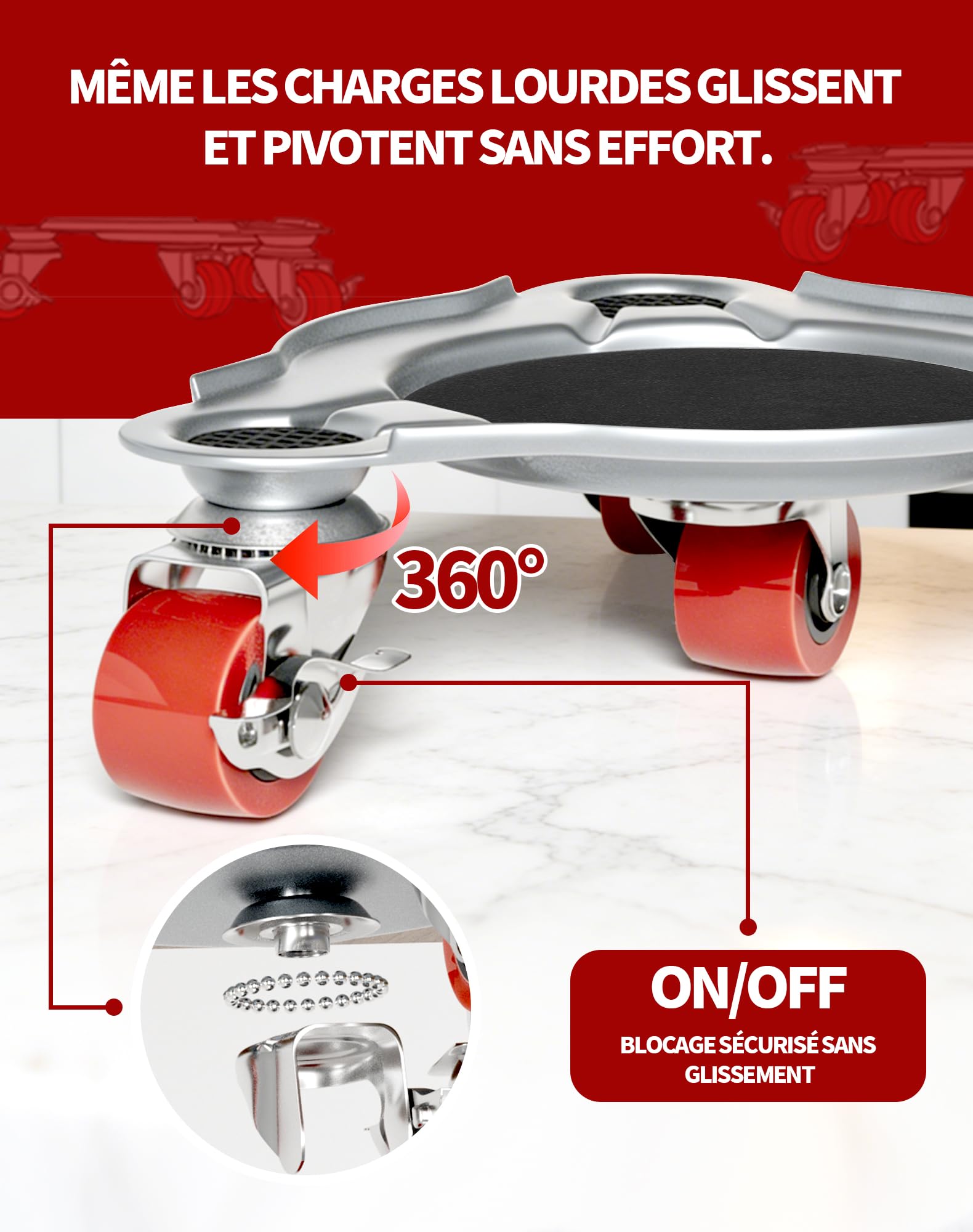 Déplace Meuble et Lève-Meuble Professionnel, Roues Pivotantes 360° avec Frein, Capacité de Charge 400 kg, pour Tous Sols & Meubles Lourds Outil Professionnel sans Effort