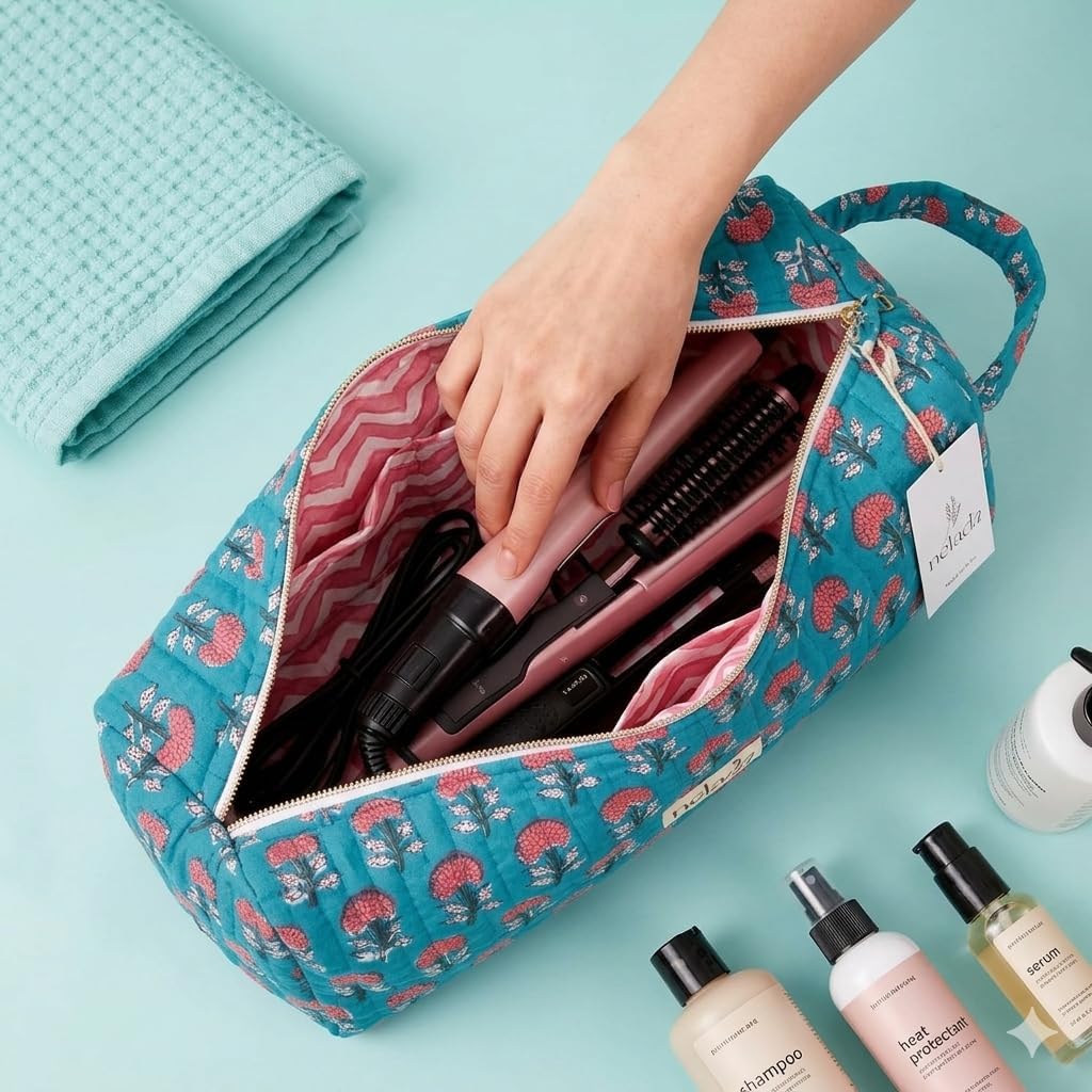 Hand Crafted Quilted Hair Multi-Styler Travel Bag, 4 Compartments,Hand Block Print Large Makeup Bag, Compatible bag to hold Airwrap, Dryer, Straightner and other Styling Tools (Teal Floral)