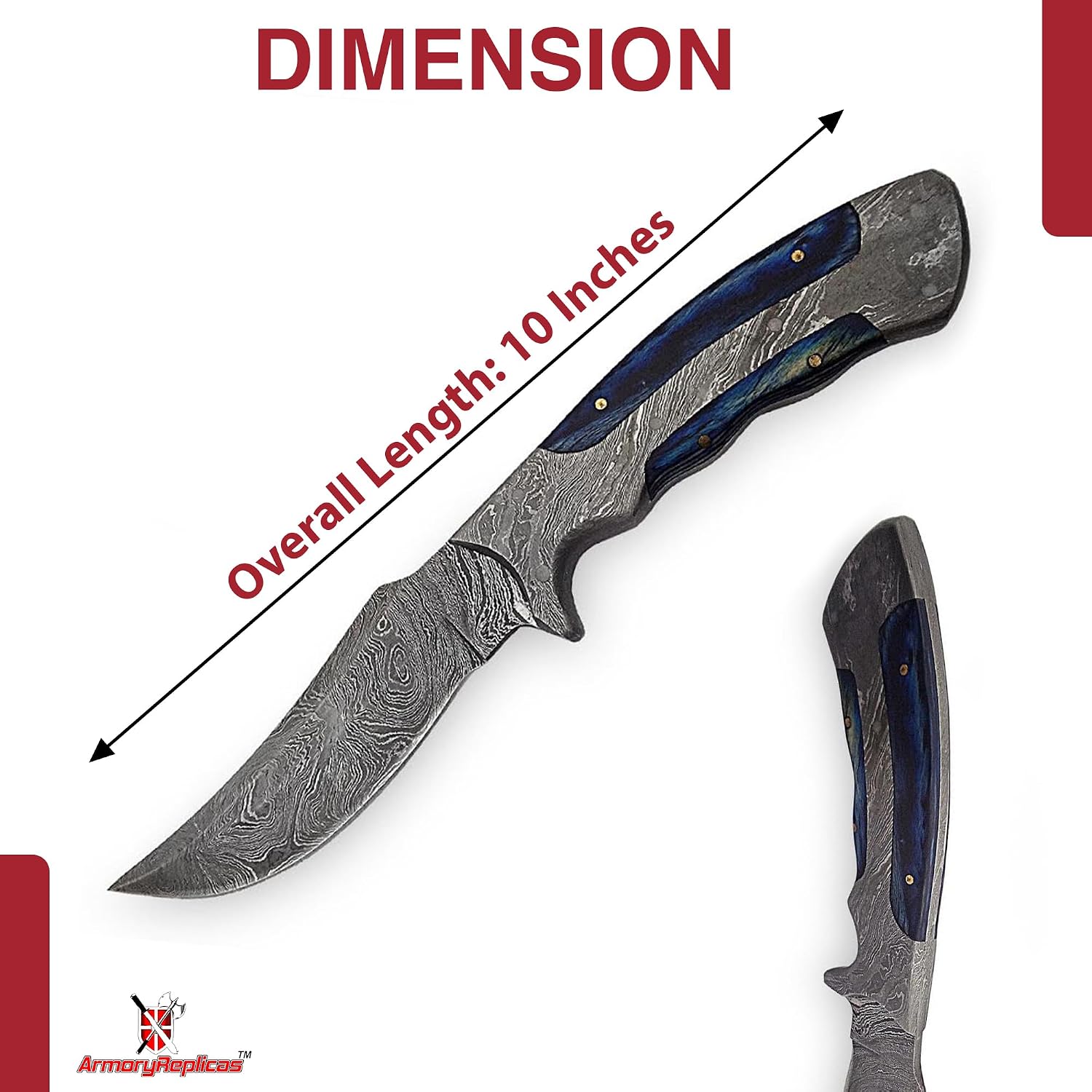 Armory Replicas™ Handmade Damascus Steel Knife, Full Tang Clip Point Blade, 10 Inch Fixed Blade with Wood Handle & Leather Sheath