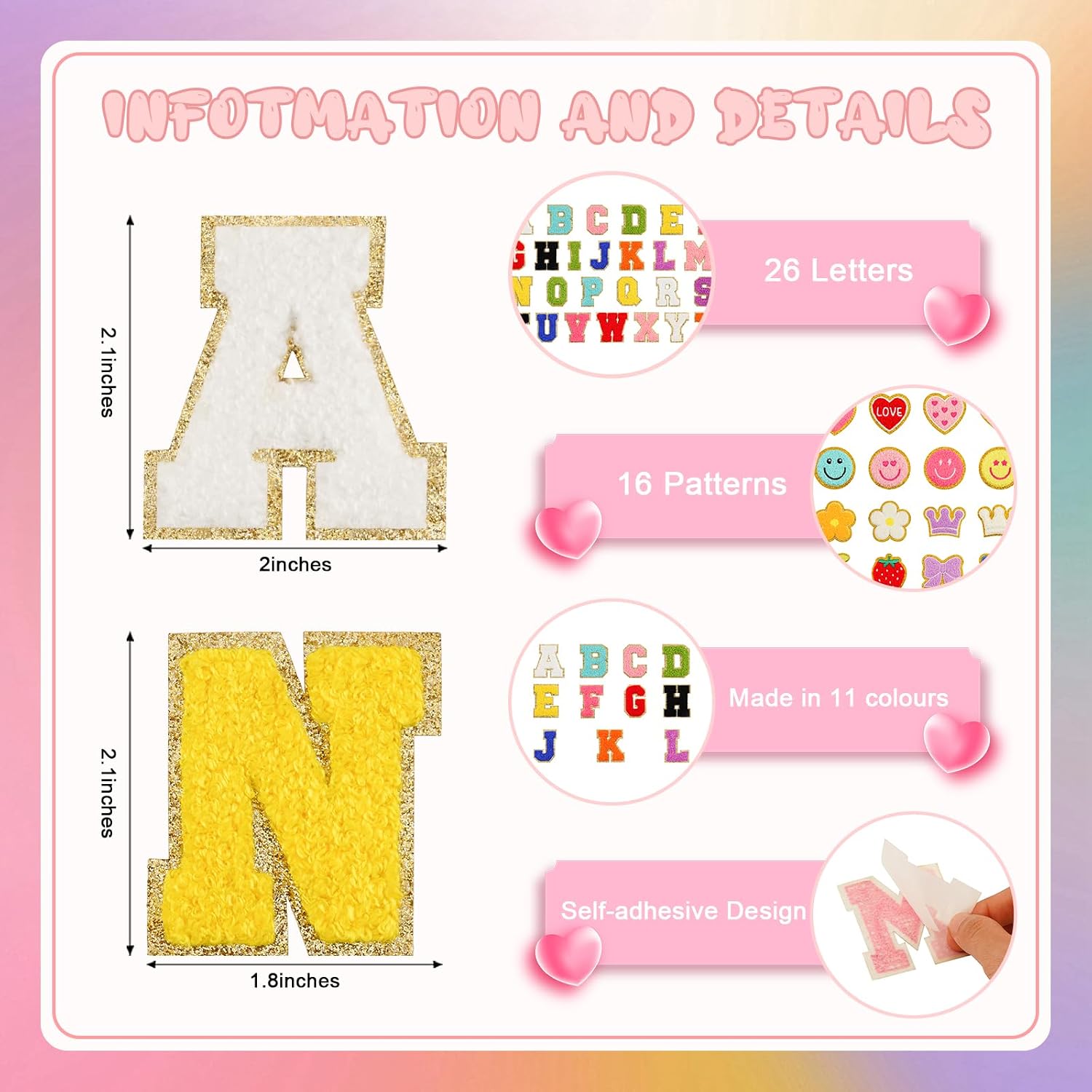 68PCS Self Adhesive Letter Patches 2 Packs A-Z Stick On Varsity Letter Stickers Chenille Patches Mixed Color Felt Alphabets Smile Love Heart Bows Crown Glitter Patch for Clothing School Bags Hats