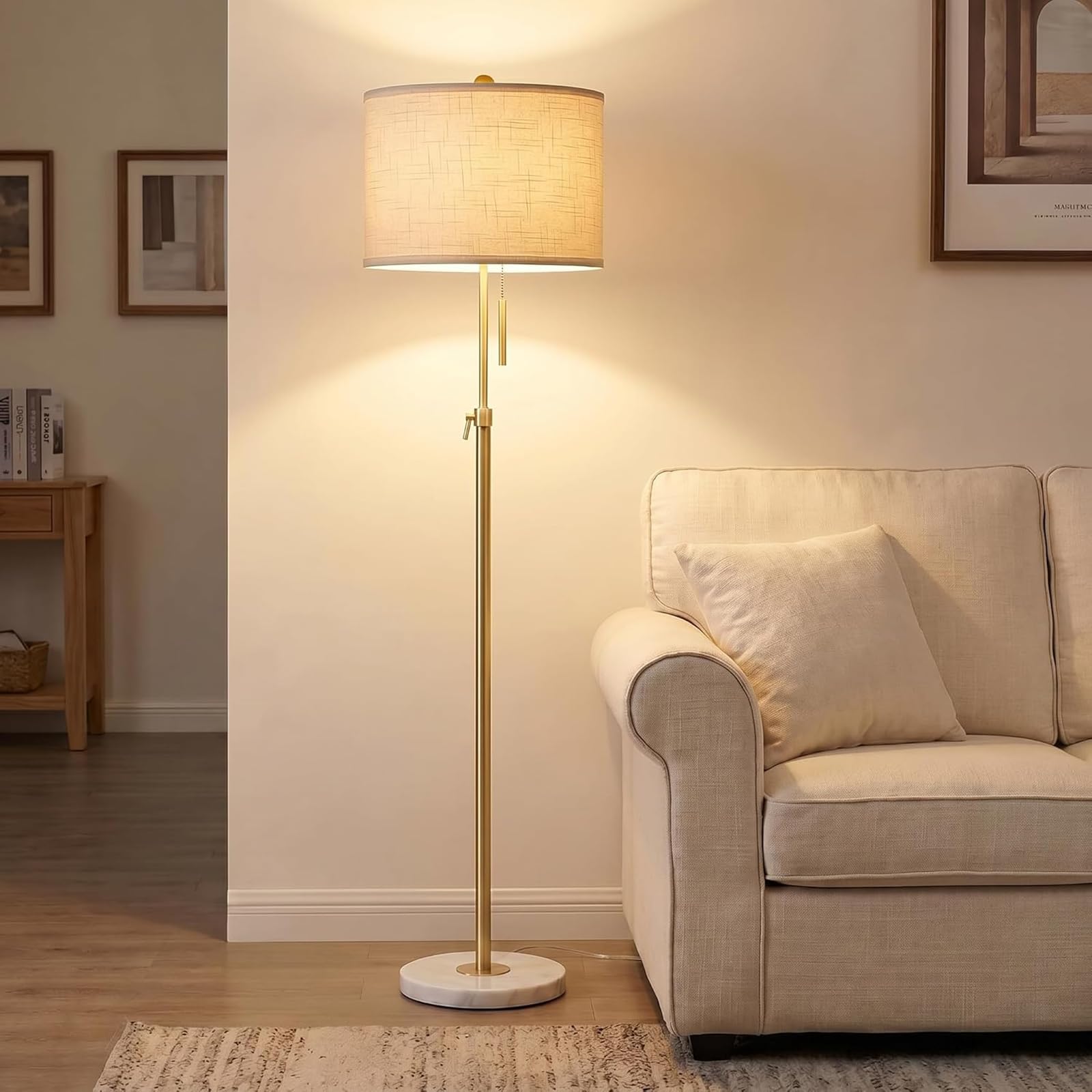 Qingmiao Stehlampe Wohnzimmer Modern Stehleuchte Standleuchte 140-168cm höhenverstellbare Leselampe mit Leinen-Lampenschirm, 3 Farbtemperatur,E27 Fassung, Gold (9W Glühbirne inklusive)