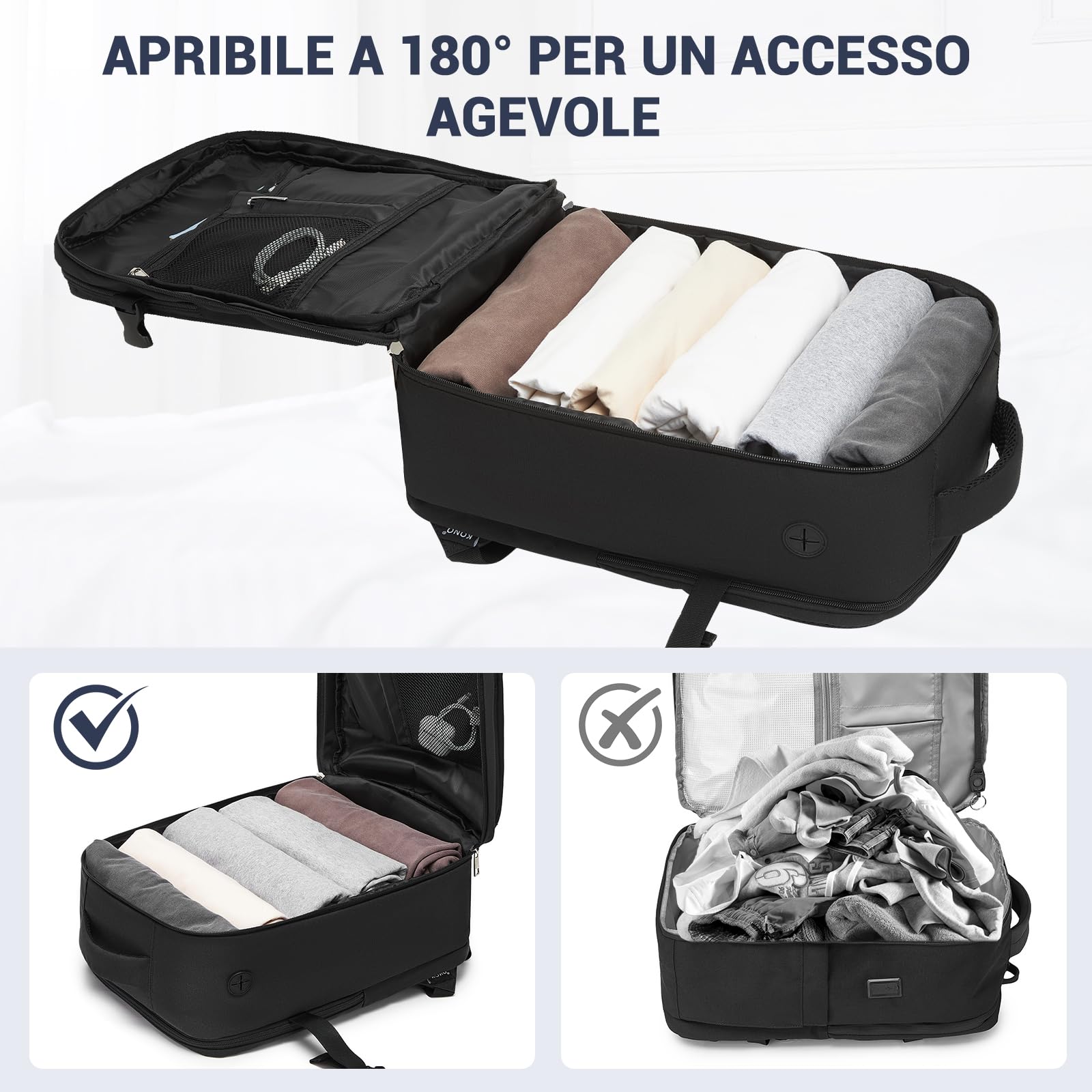 KONO Zaino 40x30x20cm Zaino da Viaggio per Ryanair Aereo Bagaglio a Mano 24L per Wizzair per Uomo e Donna,Nero