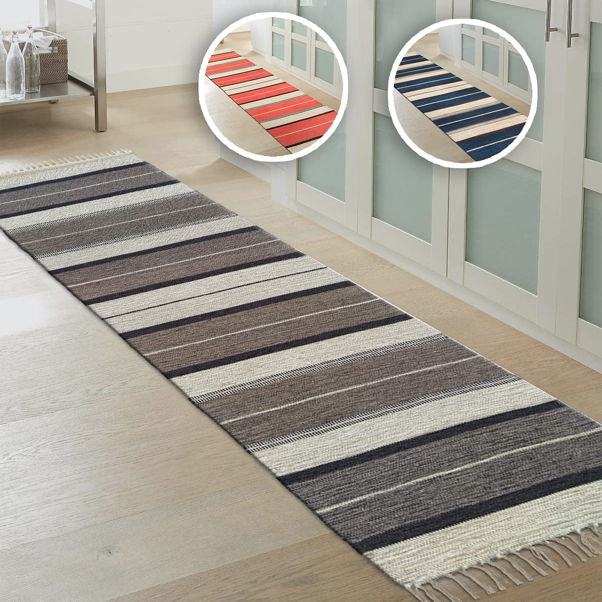 H2H House2Home Cotton Stripe Design Unique Color Combination Rug, Runner Mat (60cm X 90cm & 60x180cm - 3 Colors, 60x180, Brown)