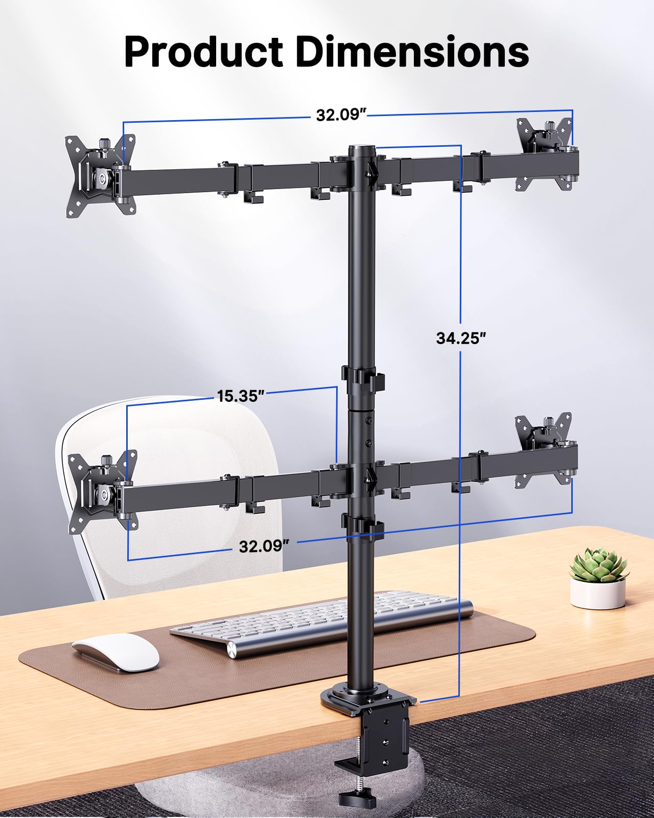 HUANUO Supporto 4 Monitor- Braccio monitor LCD per impieghi gravosi con articolazione completa, adatto a 4 schermi fino a 27 pollici - Ogni braccio sostiene fino a 10 kg, VESA 75x75-100x100 mm