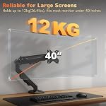 PUTORSEN Arme de moniteur unique pour écrans 17-40", noir Max Charger 26.4lbs, Positionnement ergonomique, Ressort à gaz lourd, C-Clamp & Grommet, Gestion des câbles, VESA 75/100 mm, métal