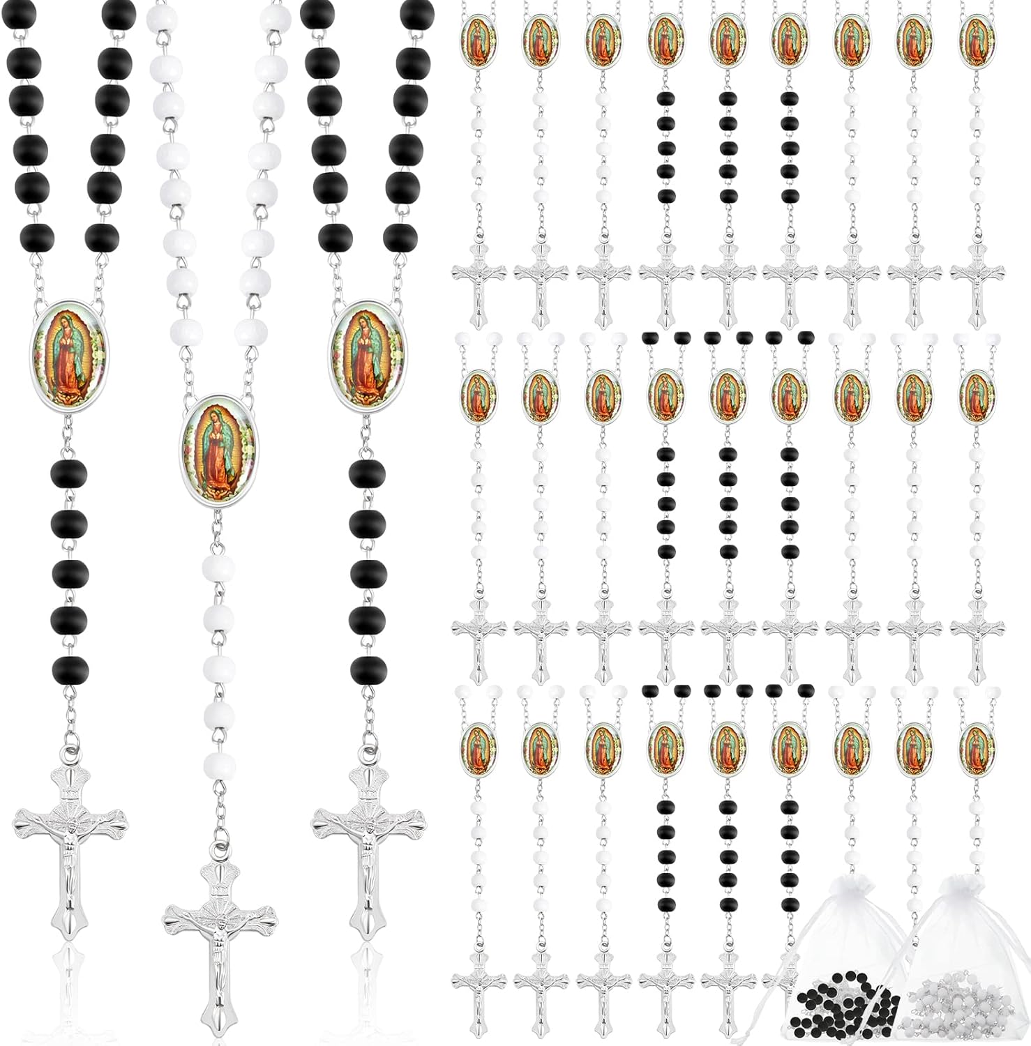36 Pcs Wooden Bead Rosary Necklace with Crucifix and Our Lady of Guadalupe Scented First Communion Rosary with 36 Organza Bags Baptism Favors Catholic Gift for Men Women