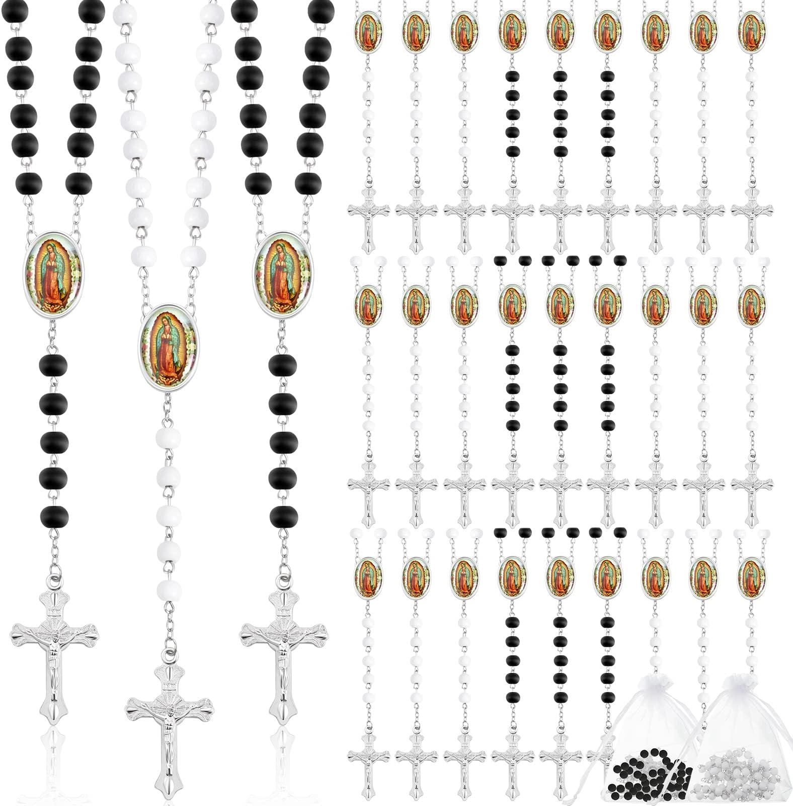 Taiyin Wooden Bead Rosary Necklace with Crucifix and Our Lady of Guadalupe Scented First Communion Rosary with 36 Organza Bags Baptism Favors Catholic Gift for Men Women