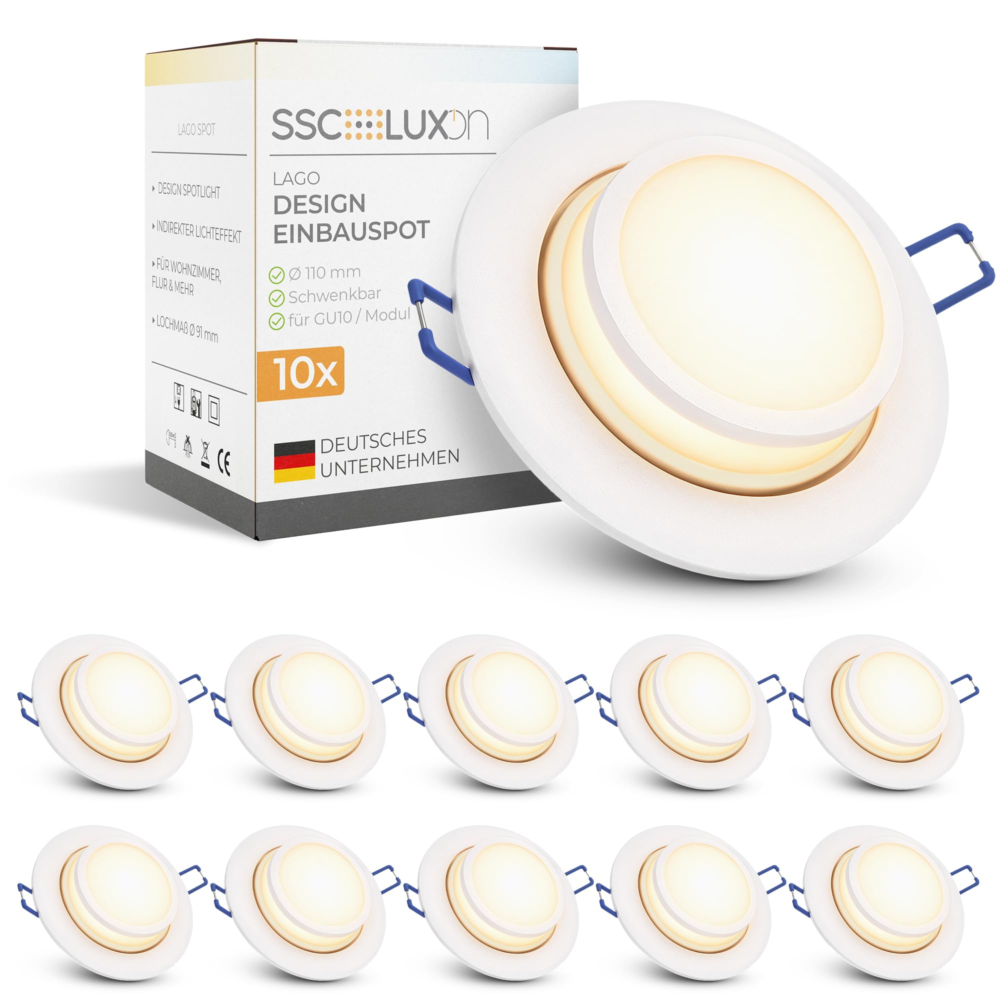 SSC-LUXon LAGO 10x Deckenlampe rund weiß schwenkbar - Punktstrahler geeignet für LED Modul - Deckenspot für Schlafzimmer ohne Leuchtmittel