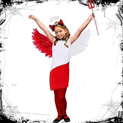 Miniatura 6 de Ramede Juego de 4 piezas de disfraz de ángel diablo de Halloween para niñas, disfraz de adolescente rojo y blanco, incluye alas de vestido, diadema,
