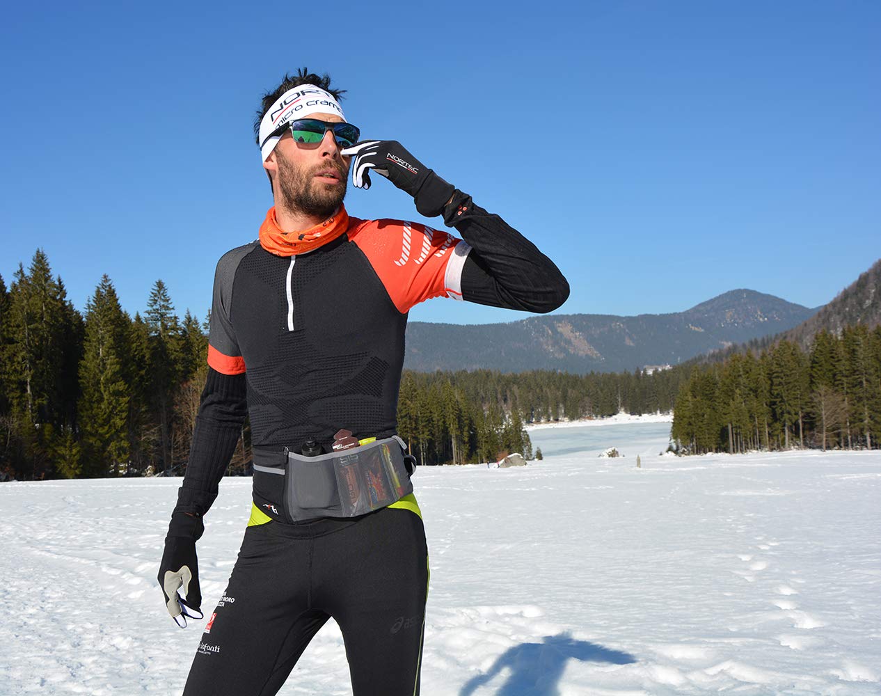 Nortec Trail Sensitive Made in Italy per Winter Running invernale su Ghiaccio e Neve, Cintura Elasticizzata per Corsa con Tasche, S