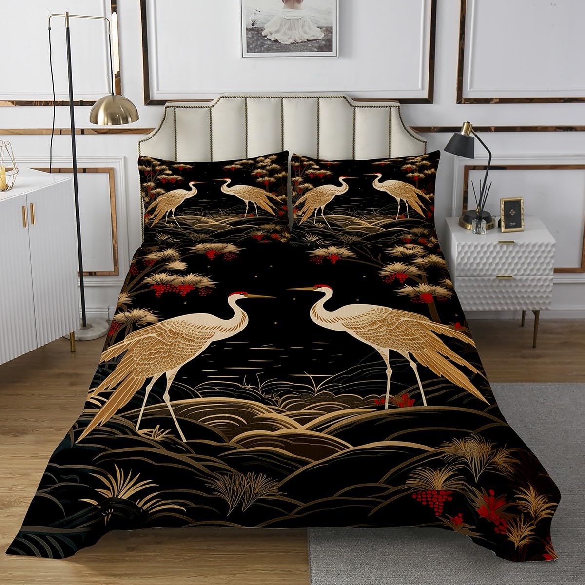 Feelyou Japanese Crane Bedspread Red Crowned Crane Bedspread for Kids Boys Girls Wild Animal Coverlet Set Lucky Clouds Quilted Bedroom Collection 3Pcs Queen Size