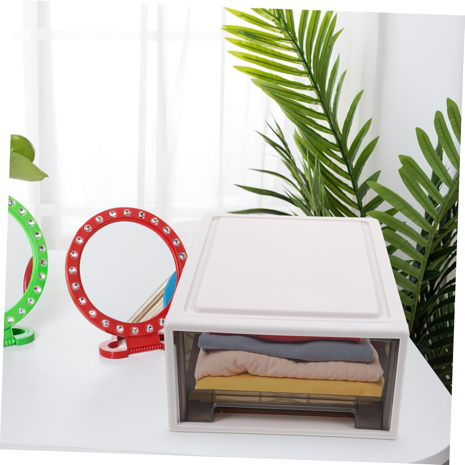 Luxshiny 2Pcs Stackable Plastic Clothes Storage Drawers with Transparent Window Material for Easy Access Closet Bathroom and Study Tea Color