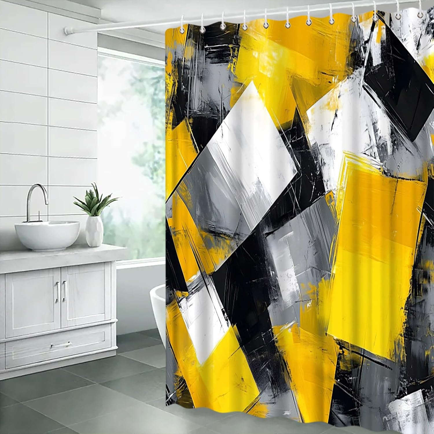Yellow Black White Gray Shower Curtain,Abstract Painting Art Geometric Modern Polyester Bathroom Curtain with 12 Hooks,Bathtub Home Decor,70x84 Inch