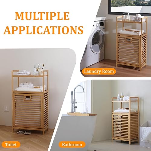 Miniatura 9 de Cesta de lavandería con estantes de 2 niveles y cesta inclinable, cestas organizadoras de ropa sucia, estante de almacenamiento de baño para