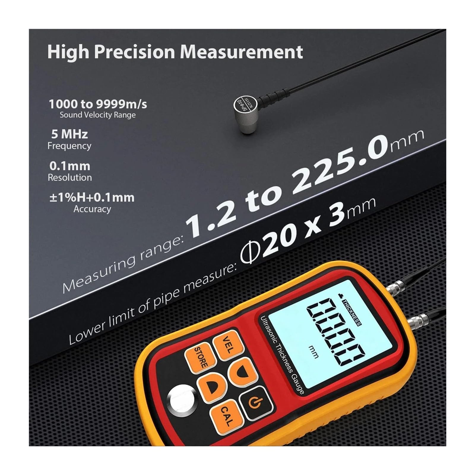Jauge d'épaisseur à ultrasons, compteur numérique 1.2-300mm pour métal, acier et verre, GM100 Efficacité