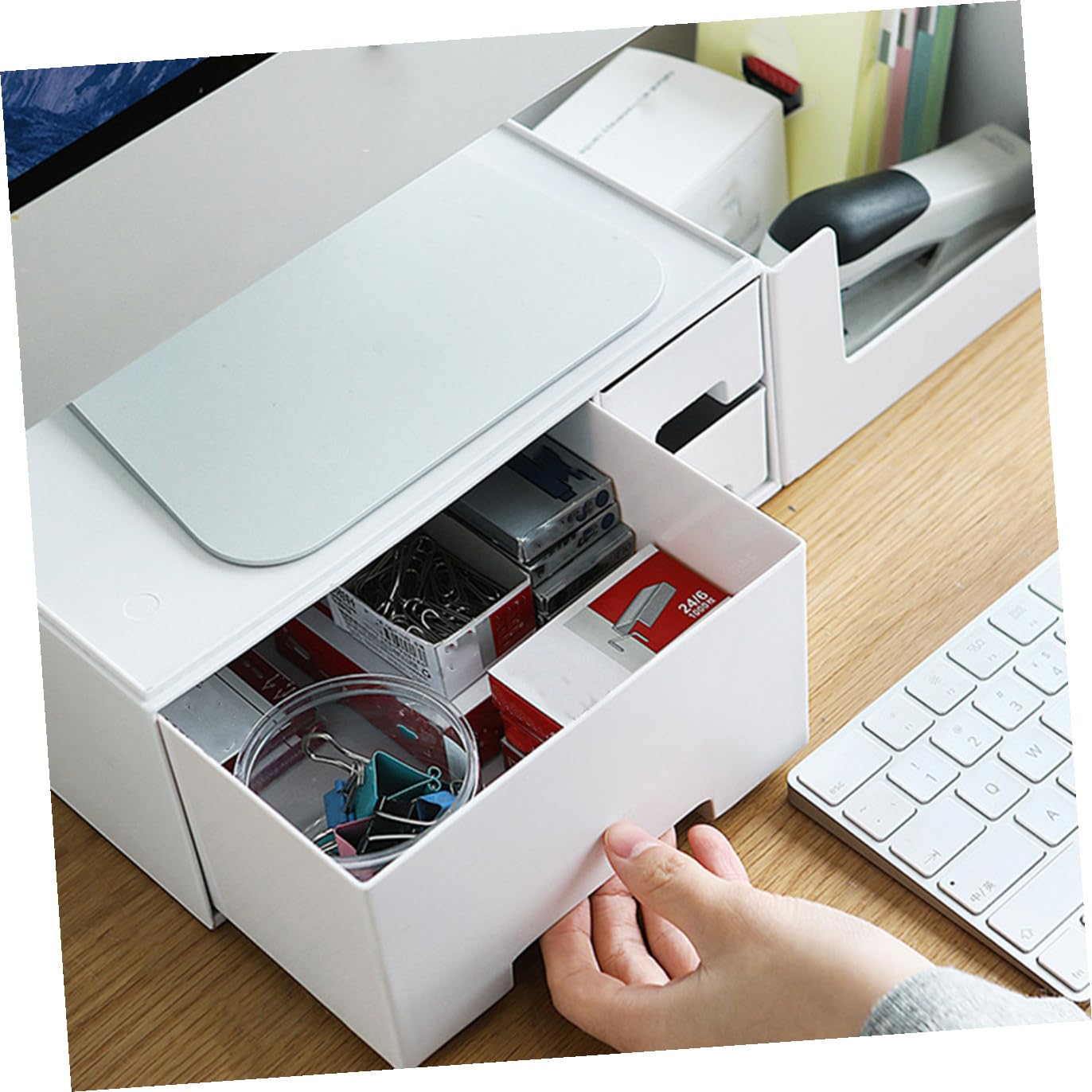 OSALADI Supporto Monitor Cassetto in Plastico Bianco per Ufficio | Contenitore Classificato per Cancelleria e Oggetti Vari, Decorazioni Scuola, Accessori Scrivania per Studenti