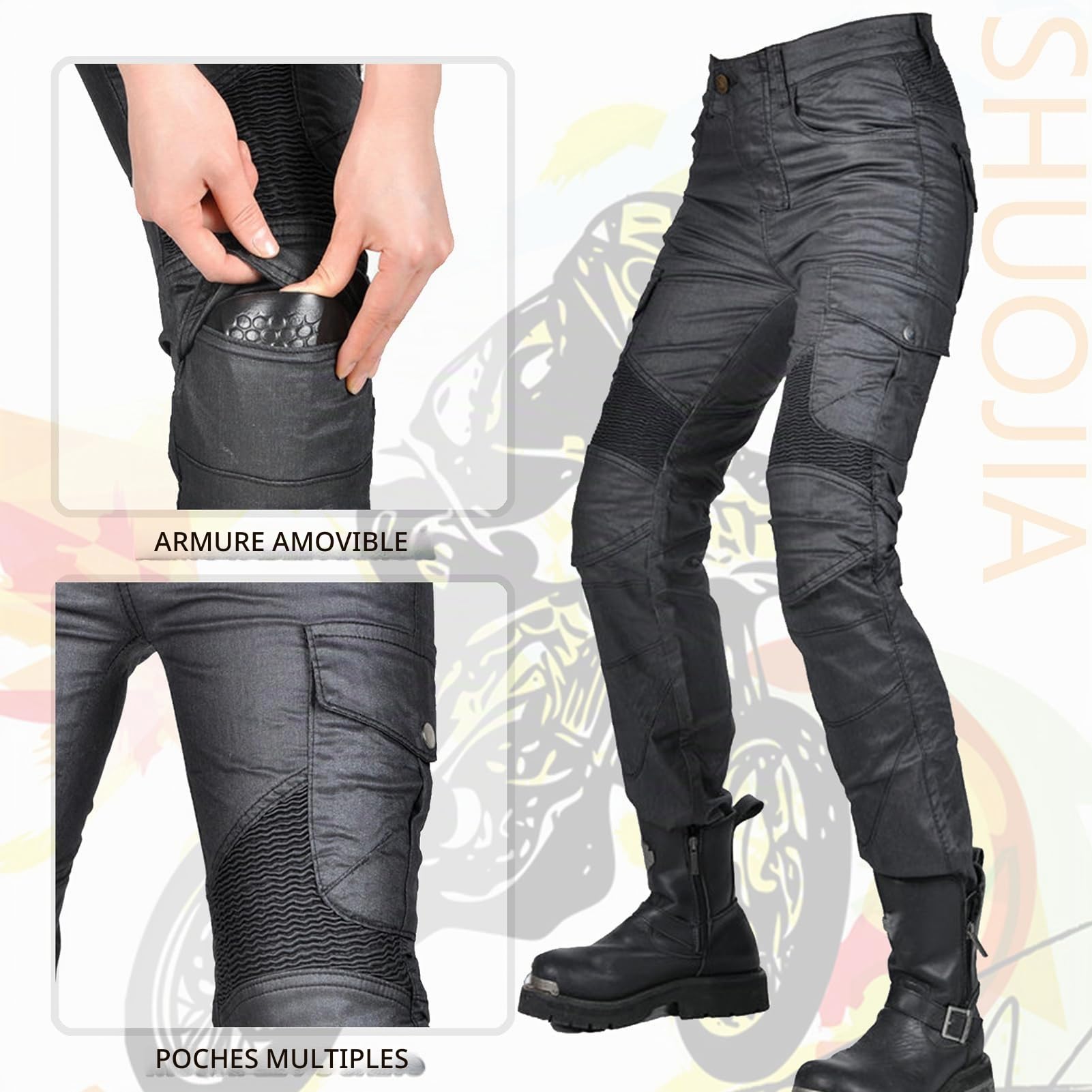 Jeans de Moto pour Femme Coupe-Vent Imperméable, Pantalon Enduit avec 2 Paires de Coussinets Amovibles pour Hanches et Genoux, Plusieurs Poches (Black, L)