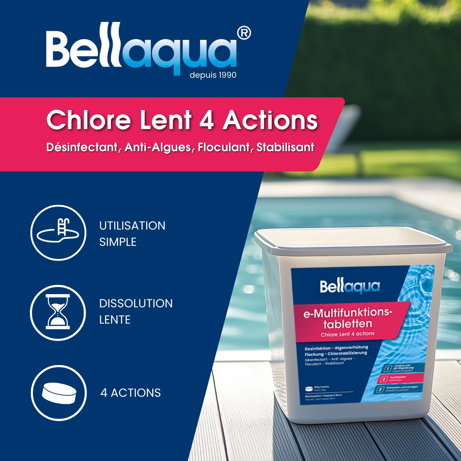BELLAQUA Chlore Lent Multifonction Piscine 2 x 5kg Galet Traitement Complet