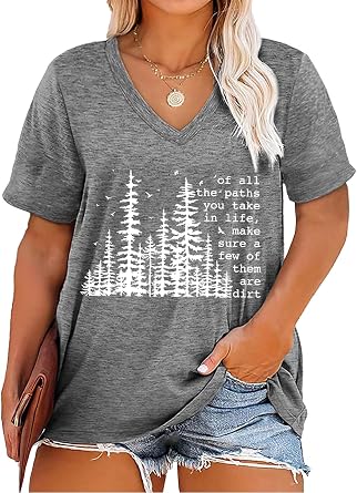 Plus Size T Shirt for Women Vintage Hiking Shirts V Neck Tops
