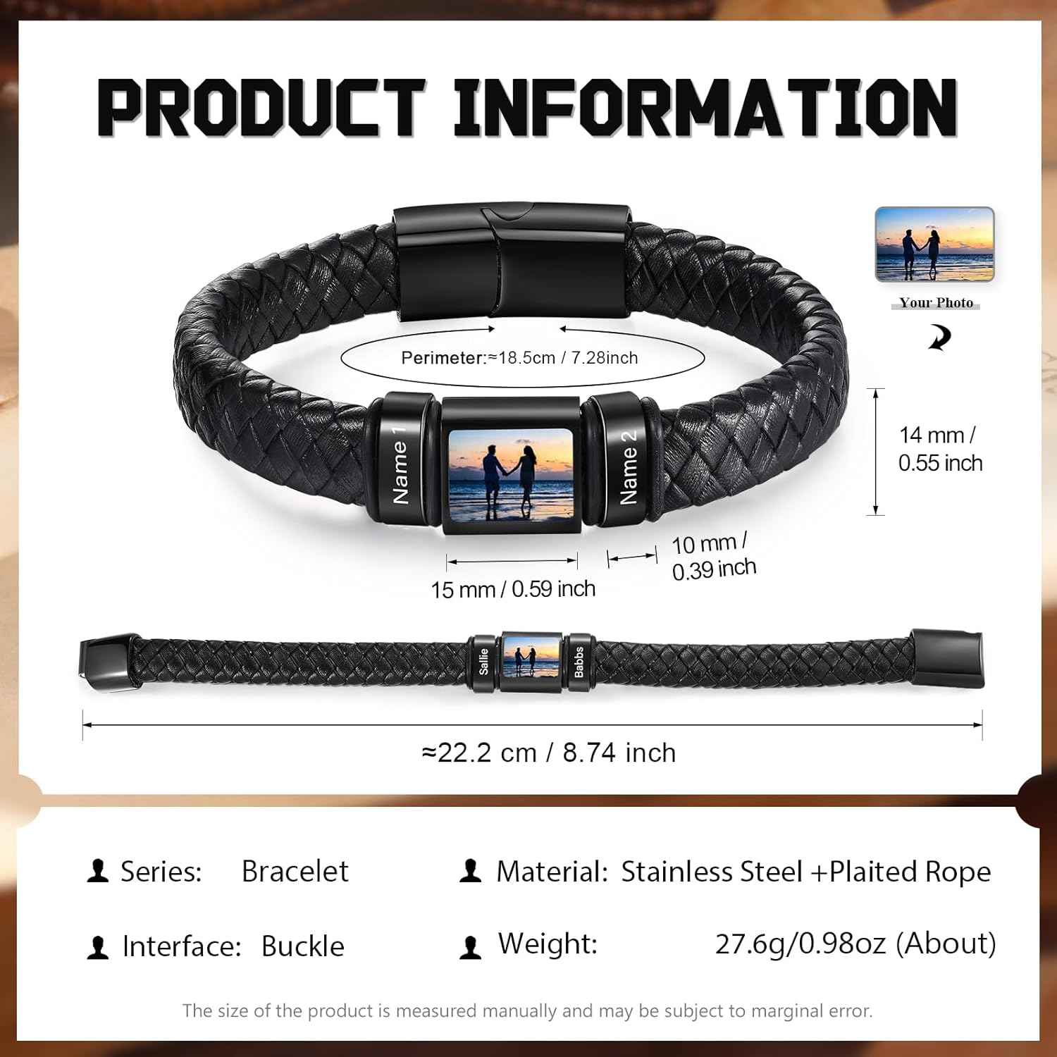 Custom Photo Bracelet for Men - Personalized Picture Bracelet Leather Engraved Name Bracelet - Jewelry Gift for Men