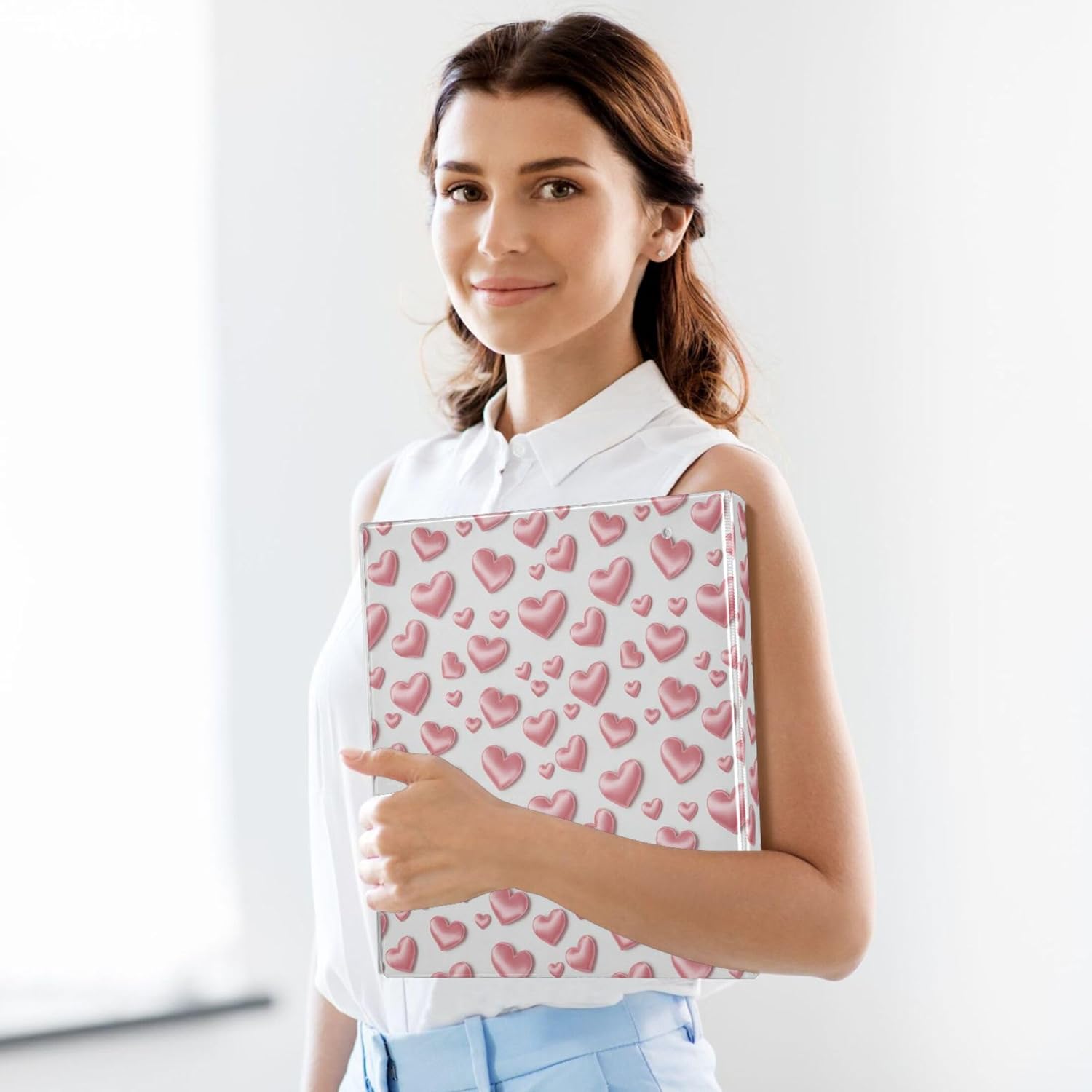 Valentine's Day Pink Heart 3 Ring Binders, 1.5” Round Ring Binders with Clipboard - Letter Size, 3 Interior PVC Clear Pockets & Anti-Slip Clip for Office School Supplies, 2PCS