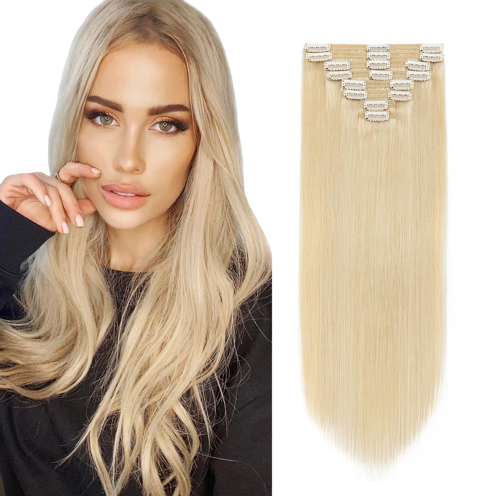 Double Weft 100% Remy Human Hair Extensions Clip in Grade 7A Quality Full Head Thick Thickened Long Short Straight 8pcs 18clips 10" / 10 inch 110g #613 Bleach Blonde
