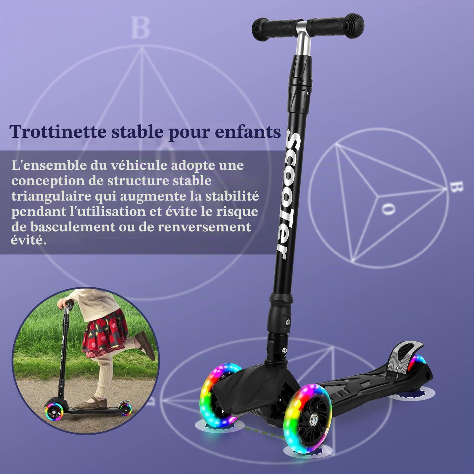 Trottinette à 3 roues pour enfants à partir de 3 à 14 ans - Avec 3 roues lumineuses LED - Hauteur réglable - Pliable - Freins arrière - Maximum 50 kg
