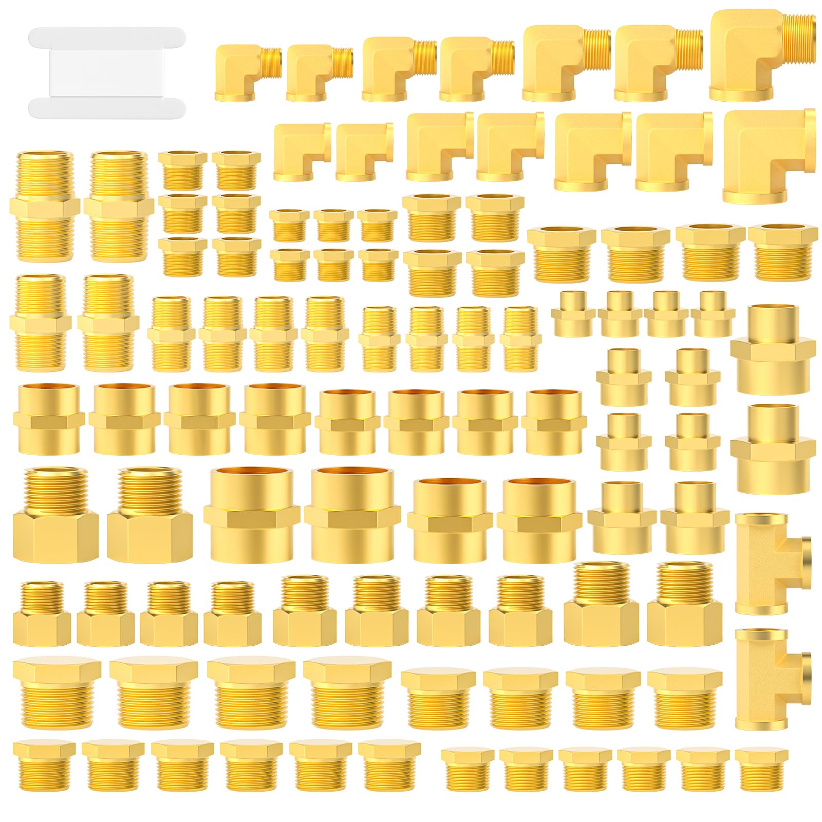 GASHER Kit surtido de 104 accesorios de tubería de latón, adaptador reductor, boquilla hexagonal, acoplamiento hembra, acoplamiento reductor, codo de calle Barstock de 90 grados, buje hexagonal