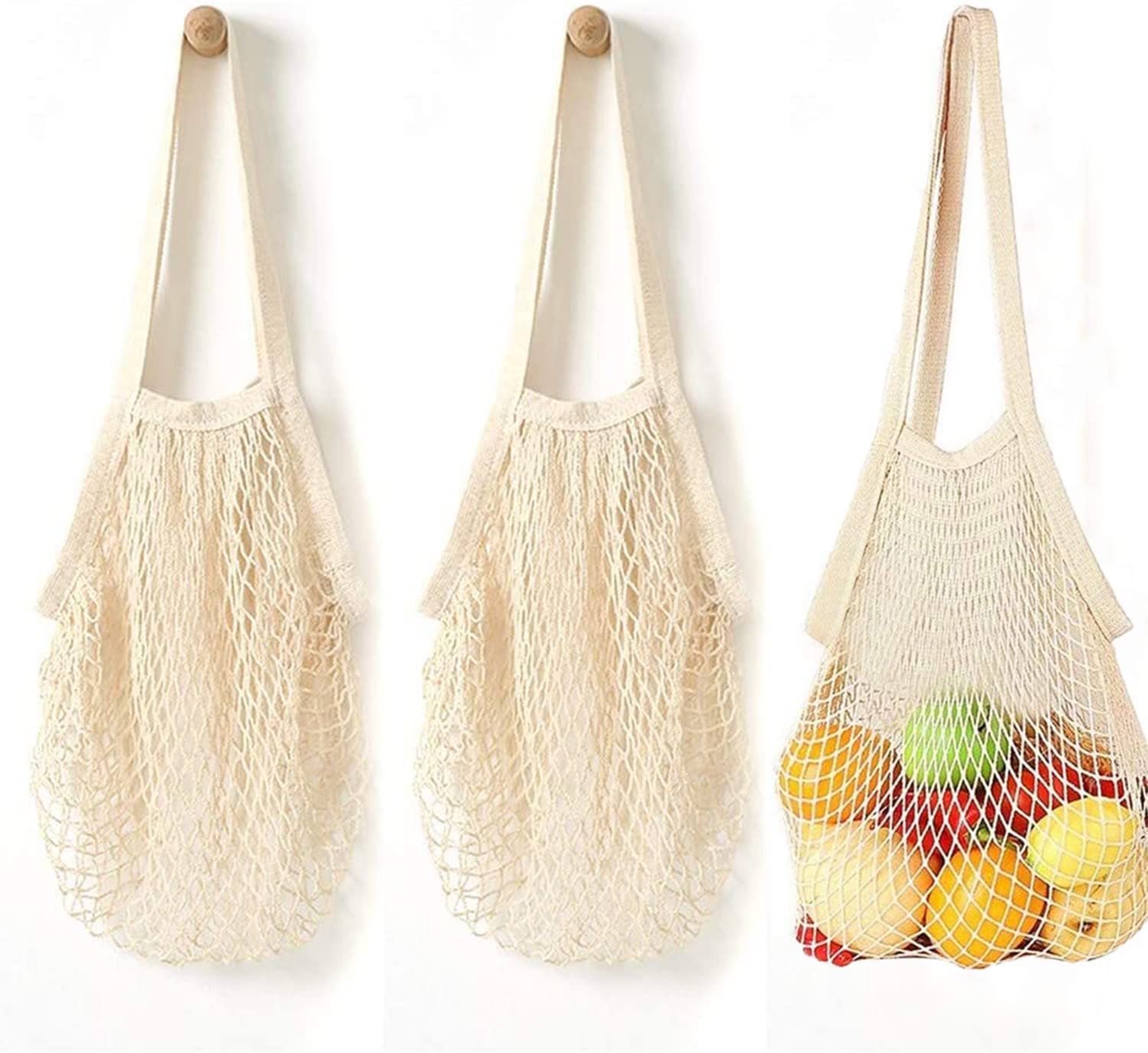 SYOSI Reusable Net String Shopping Bags, 3 Pack Grocery Mesh Bags Portable, Washable Organic Cotton String Produce Net Tote Bags with Handbag for Fruit Vegetable Storage (White)