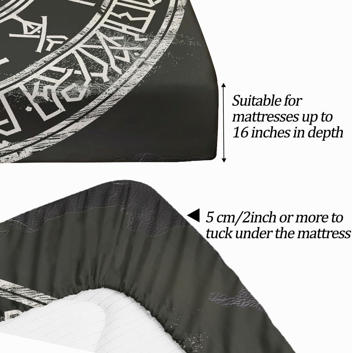 Fitted Sheet 3 Pieces Twin XL Size Viking Runes Simple CirclesGray Black, Fits Mattress Between 8 to 16 inches, Deep Pockets Fitted Bed Sheet Soft Wrinkle Free Easy-Fit, Breathable Cooling