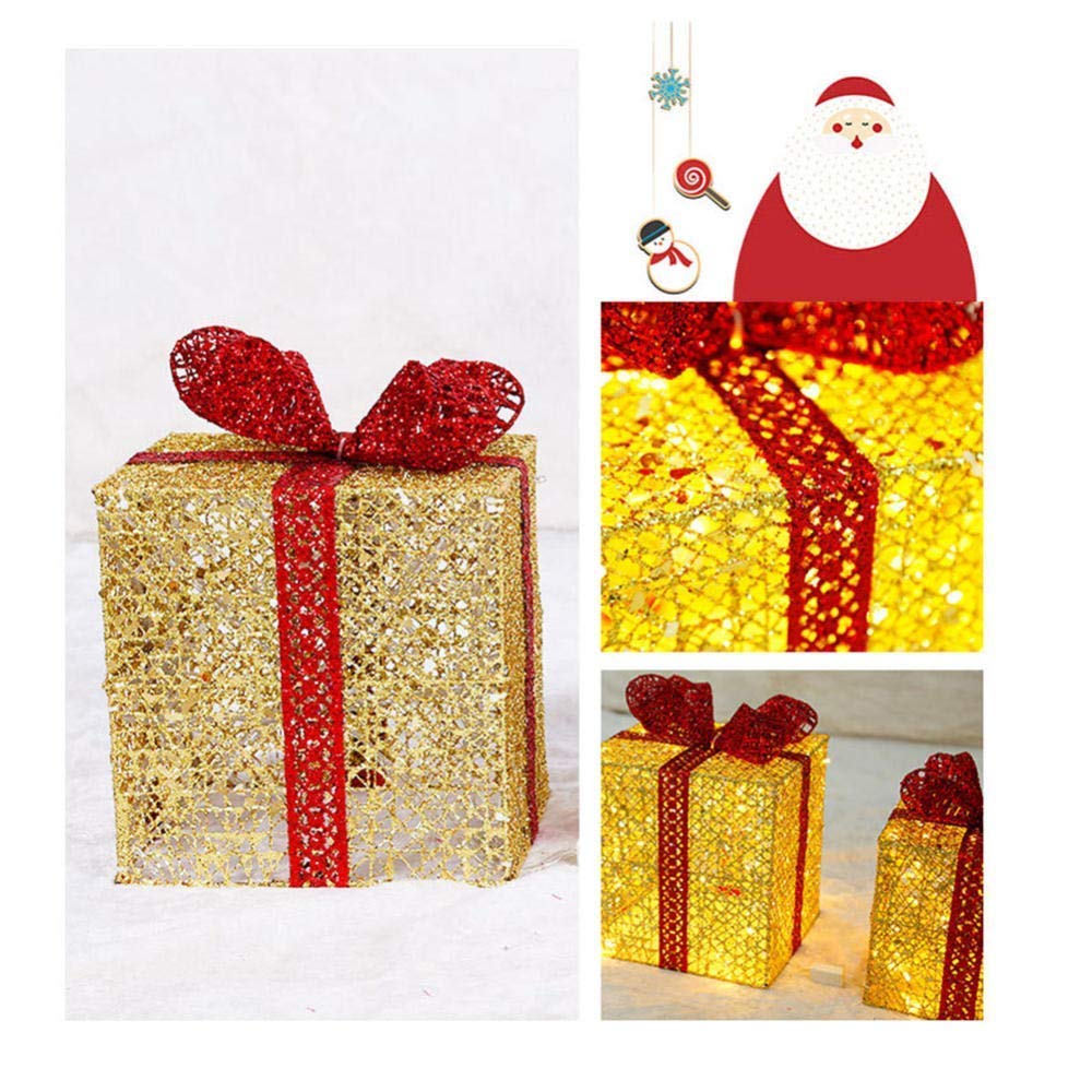 Cajas de regalo para Navidad, Juego de 3 cajas de regalo LED con iluminación decorativa navideña, hierro con lazo, juego de paquetes navideños cálidos(Gold)