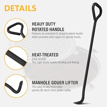 Olympia Tools 5/8 x 36 in. Manhole Cover Hook, for Lifting Manhole Covers & Storm Drain Cover, Versatile Lifting Hooks, Rigid Steel Tool
