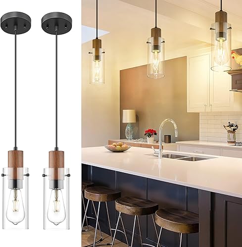 Miniatura 1 de Emak Paquete de 2 mini lámparas colgantes negras, modernas luces colgantes de granja con pantalla de vidrio transparente, 1 luz colgante para